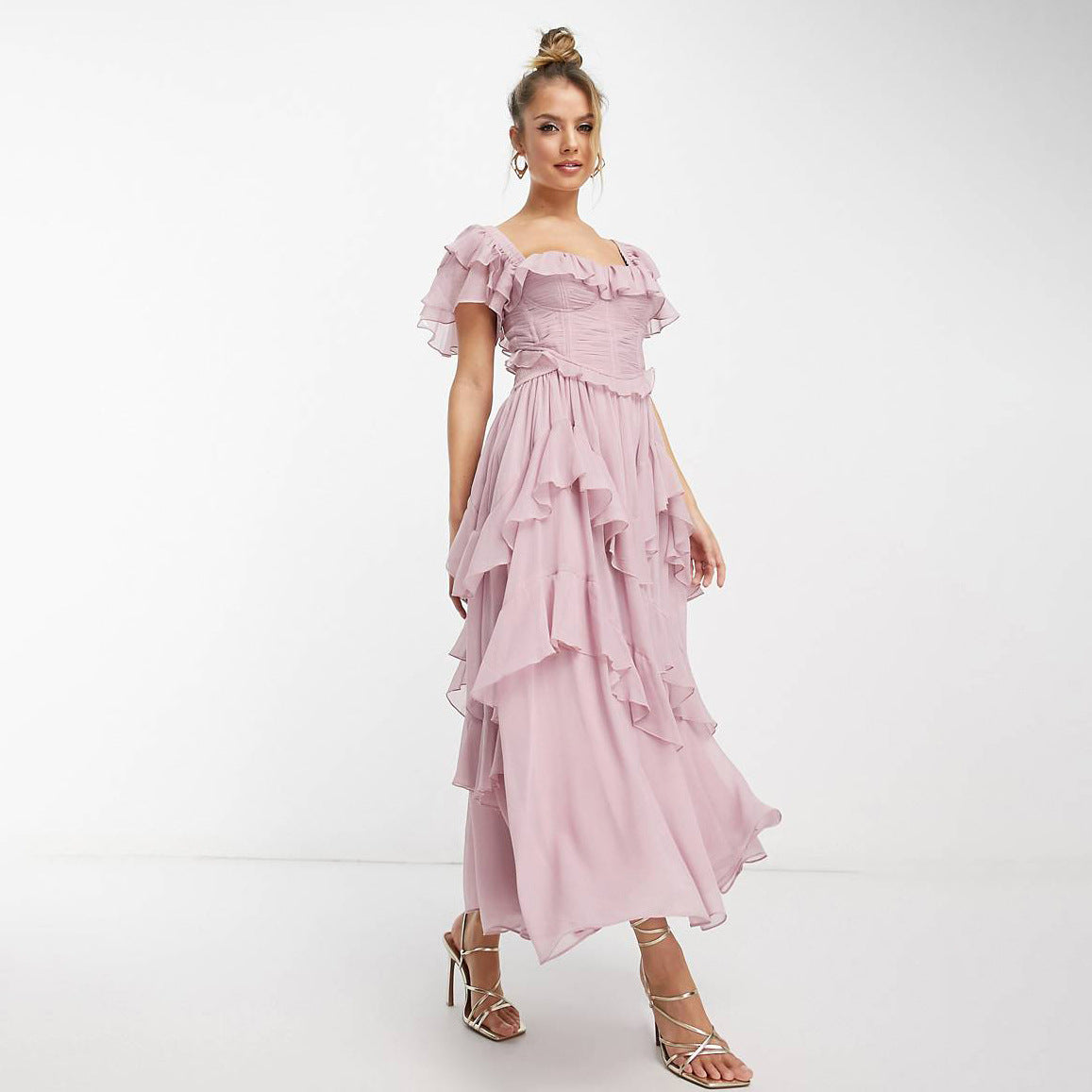Robe d'été à manches courtes et volants, dos nu, col carré, longue, idéale pour les fêtes et les vêtements pour femmes