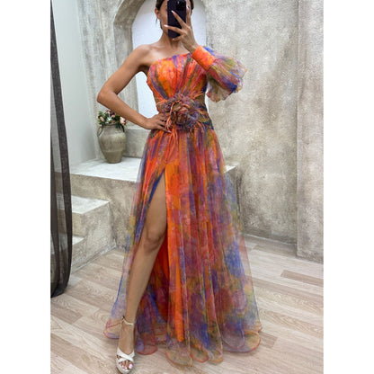 Robe longue d'été en maille imprimée tie-dye, épaules dénudées et fente - Collection INS Fashion - Vêtements pour femmes