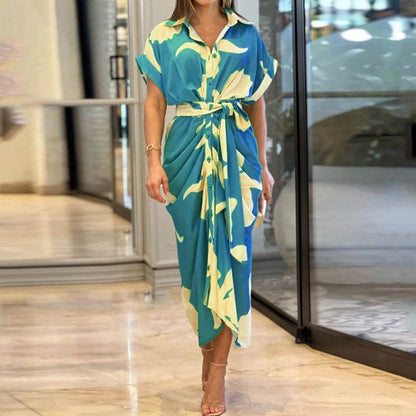 Robe-chemisier à taille haute, manches courtes et imprimé à revers pour femme