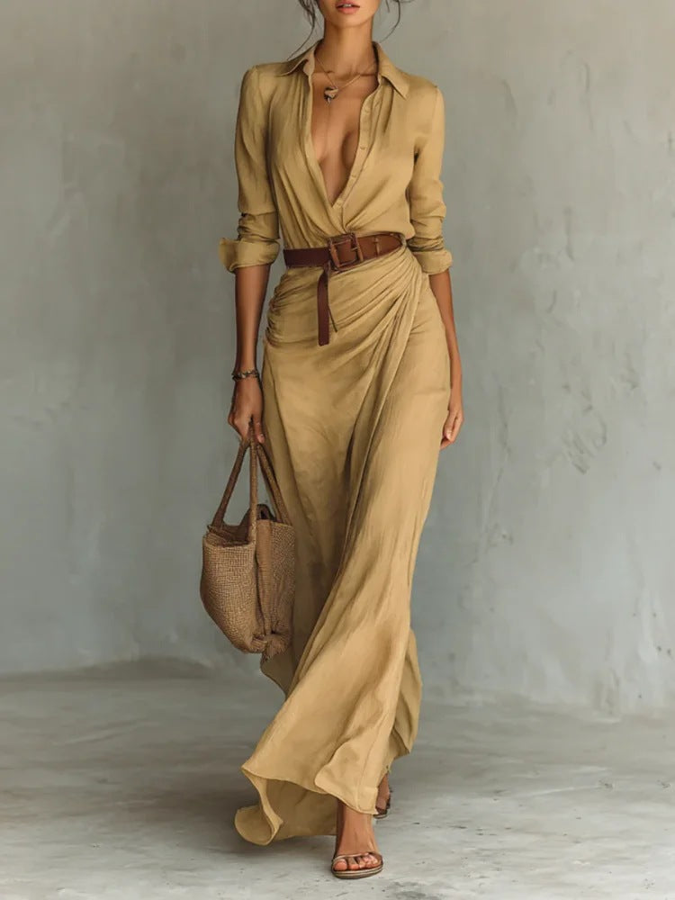 Robe longue élégante asymétrique avec ceinture
