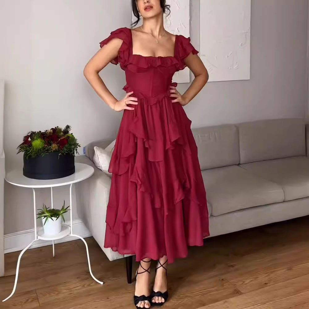 Robe d'été à manches courtes et volants, dos nu, col carré, longue, idéale pour les fêtes et les vêtements pour femmes