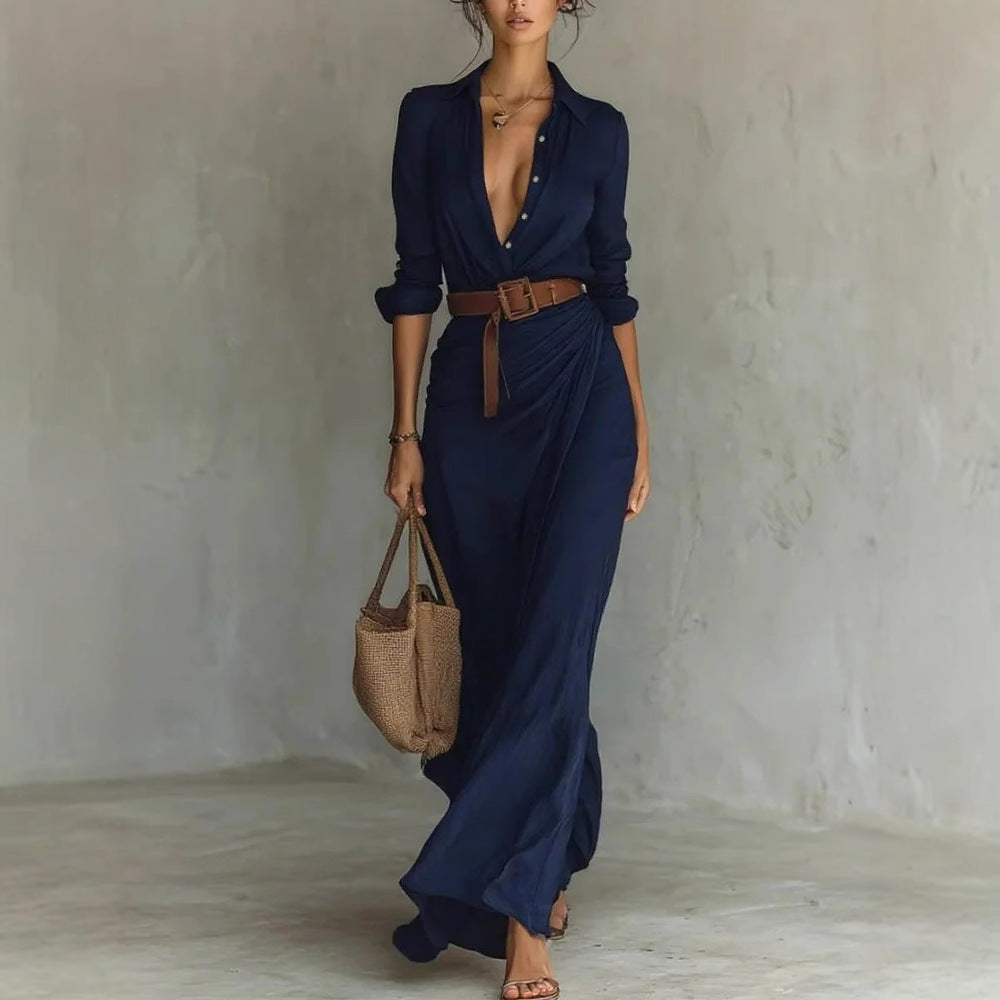 Robe longue élégante asymétrique avec ceinture