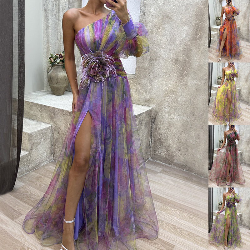 Robe longue d'été en maille imprimée tie-dye, épaules dénudées et fente - Collection INS Fashion - Vêtements pour femmes