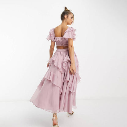 Robe d'été à manches courtes et volants, dos nu, col carré, longue, idéale pour les fêtes et les vêtements pour femmes