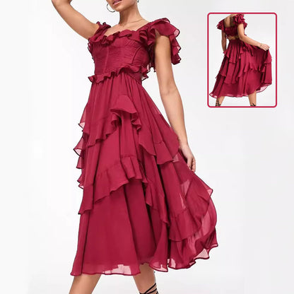 Robe d'été à manches courtes et volants, dos nu, col carré, longue, idéale pour les fêtes et les vêtements pour femmes
