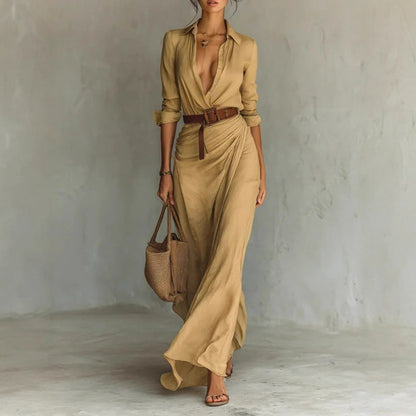 Robe longue élégante asymétrique avec ceinture