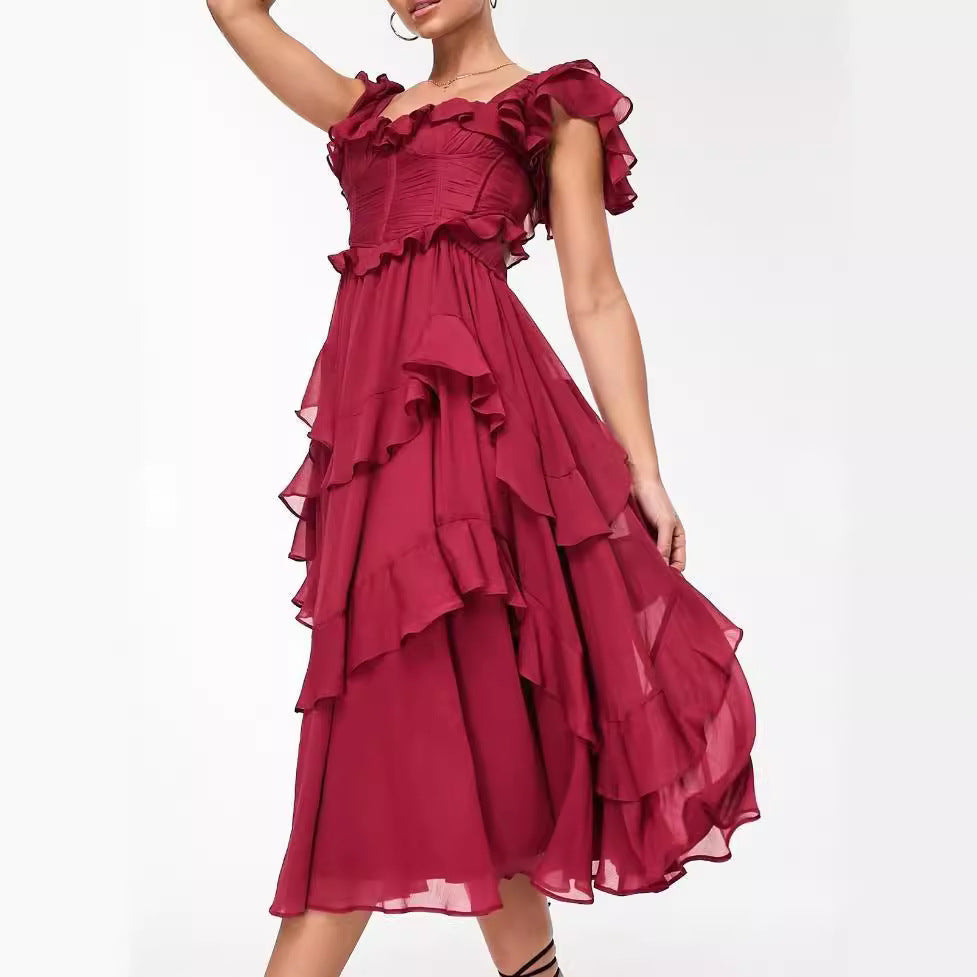Robe d'été à manches courtes et volants, dos nu, col carré, longue, idéale pour les fêtes et les vêtements pour femmes