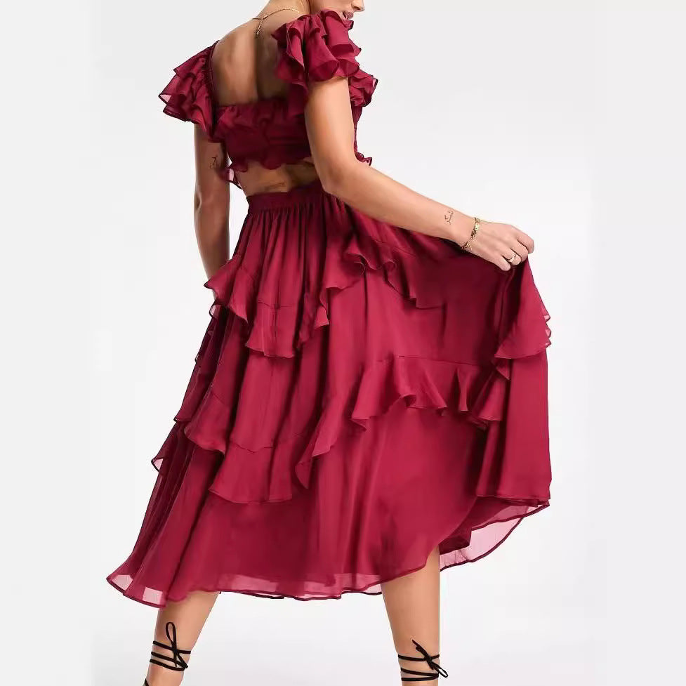 Robe d'été à manches courtes et volants, dos nu, col carré, longue, idéale pour les fêtes et les vêtements pour femmes