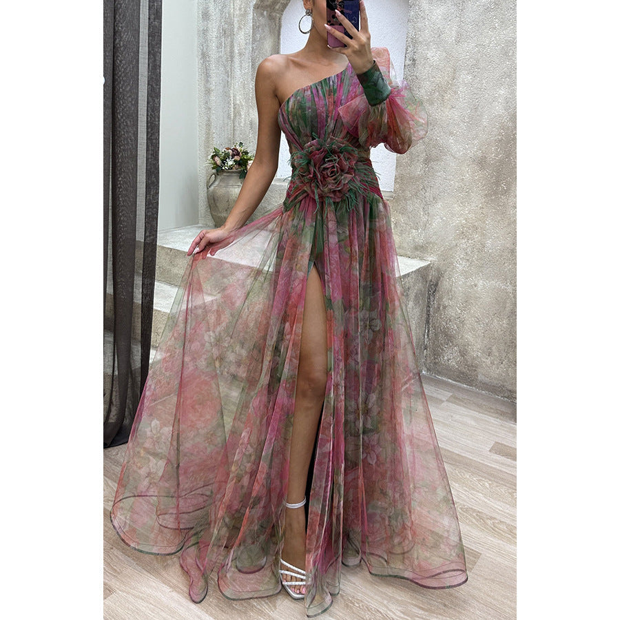 Robe longue d'été en maille imprimée tie-dye, épaules dénudées et fente - Collection INS Fashion - Vêtements pour femmes