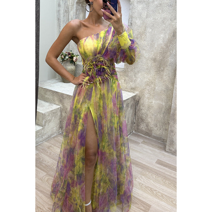 Robe longue d'été en maille imprimée tie-dye, épaules dénudées et fente - Collection INS Fashion - Vêtements pour femmes