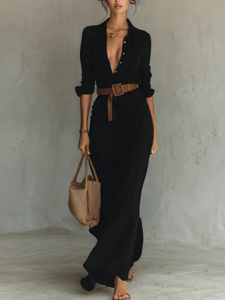 Robe longue élégante asymétrique avec ceinture