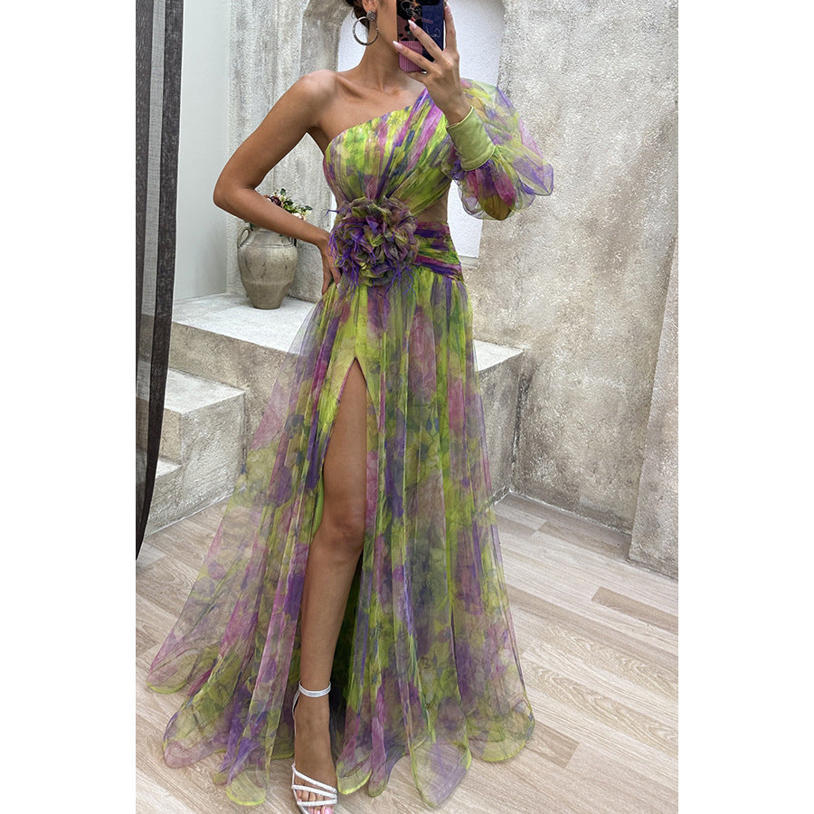 Robe longue d'été en maille imprimée tie-dye, épaules dénudées et fente - Collection INS Fashion - Vêtements pour femmes