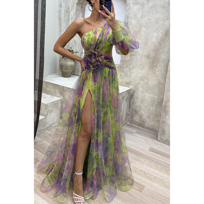Robe longue d'été en maille imprimée tie-dye, épaules dénudées et fente - Collection INS Fashion - Vêtements pour femmes