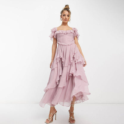 Robe d'été à manches courtes et volants, dos nu, col carré, longue, idéale pour les fêtes et les vêtements pour femmes