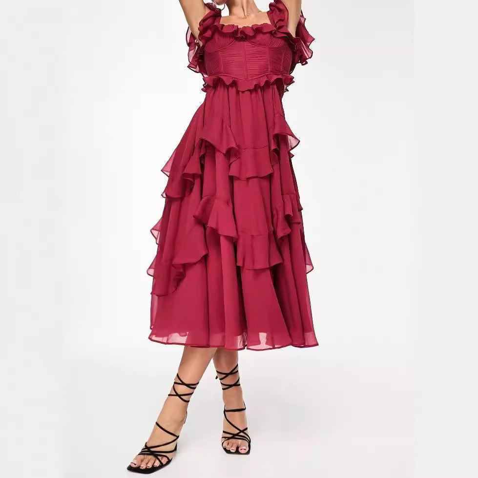 Robe d'été à manches courtes et volants, dos nu, col carré, longue, idéale pour les fêtes et les vêtements pour femmes